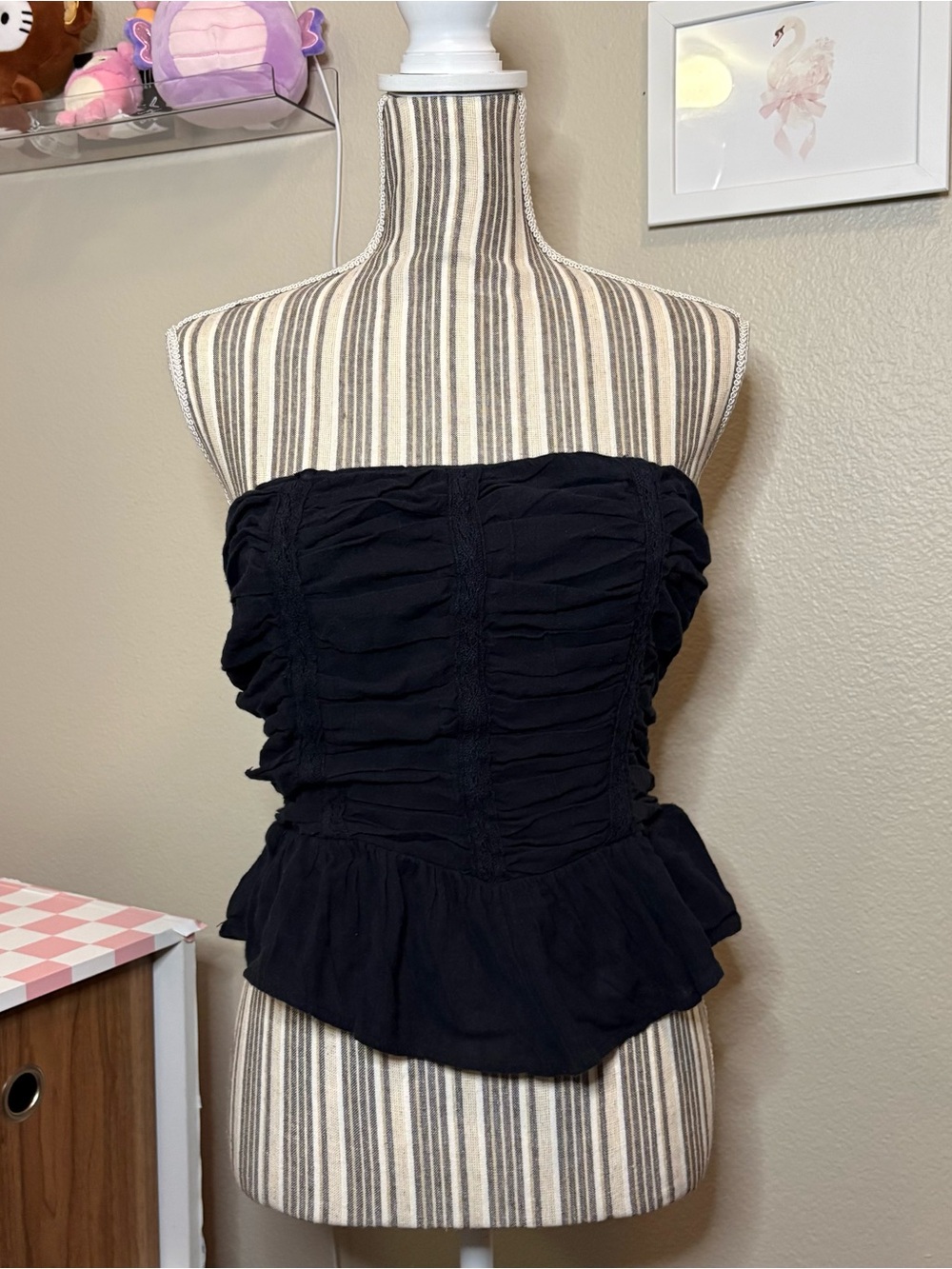 Free people cotton Black Strapless Ruching Peplum Top casual luxury preppy small - Picture 2 of 6